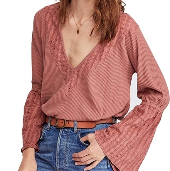 Free People Parisian Nights Bell Sleeve Thermal Top - Picture 1 of 4